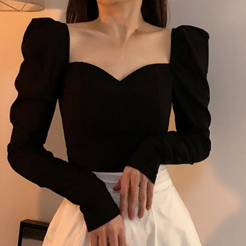Винтажные элегантные рубашки женские с пышными рукавами и квадратным воротником блузки офисные женские корейские осенние черные шикарные тонкие повседневные универсальные топы