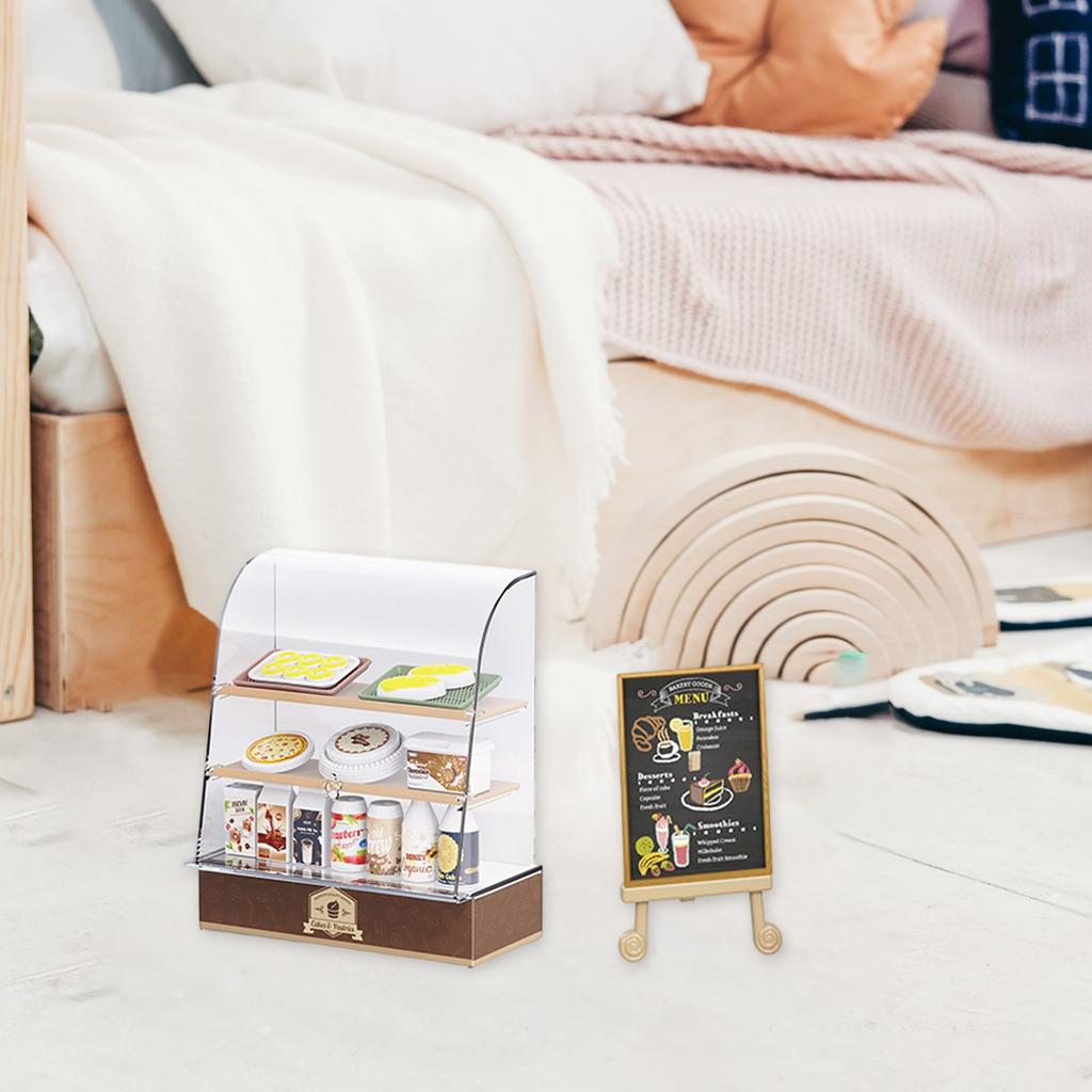 Miniature Bakery Display Case with Dessert Figurine Set for Dollhouse Bakery Store Display Kids Pretend Play Kitchen Toy