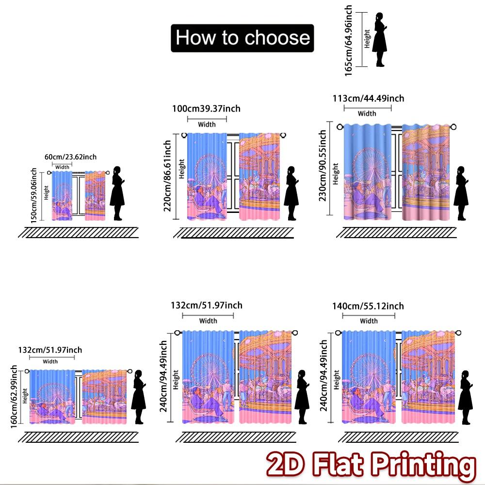 2D flat printing 2pcs Scene Curtain Amusement park, Ferris wheel, carousel, fun, summer Digital Printed Polyester Drapes Party