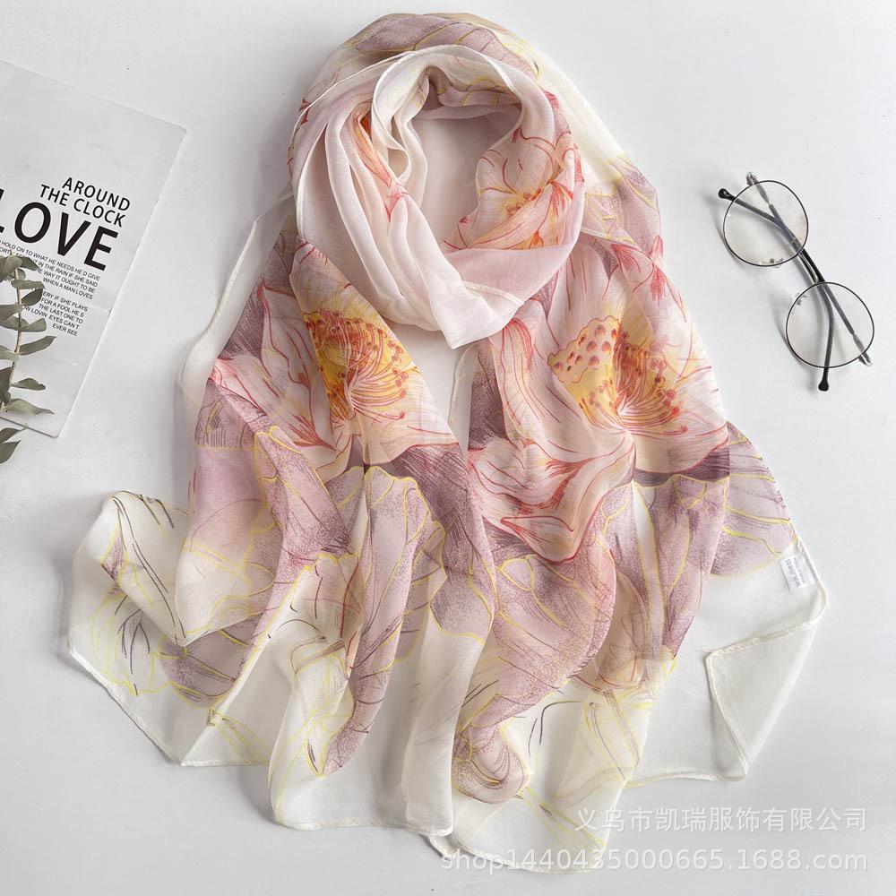 Новый длинный шелковый шарф с солнцезащитным кремом, тонкий искусственный шелк, весенне-летний женский шарф с принтом и украшением из жоржета