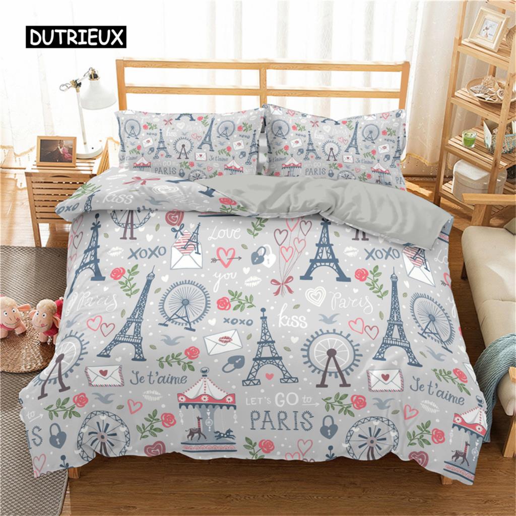 Постельное белье с изображением Эйфелевой башни King Paris Eiffel Tower Themed Постельное белье из полиэстера с городским пейзажем и романтическим розовым сердечком