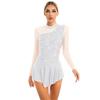 Womens Girls Figure Skating Dance Dresses Glitter Rhinestone Sheer Mesh Patchwork Long Sleeve Leotard Dress