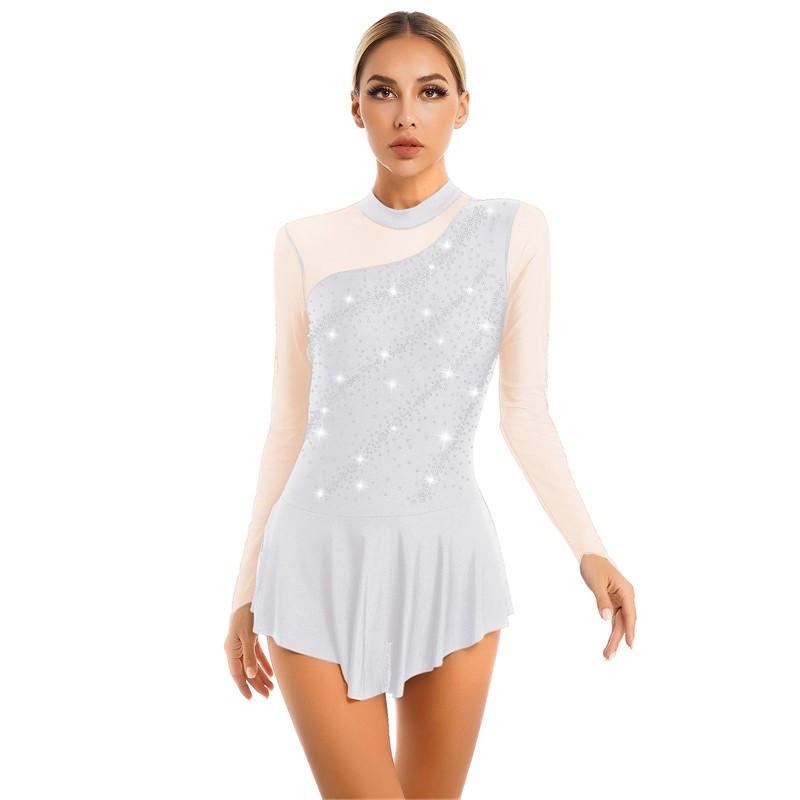 Womens Girls Figure Skating Dance Dresses Glitter Rhinestone Sheer Mesh Patchwork Long Sleeve Leotard Dress