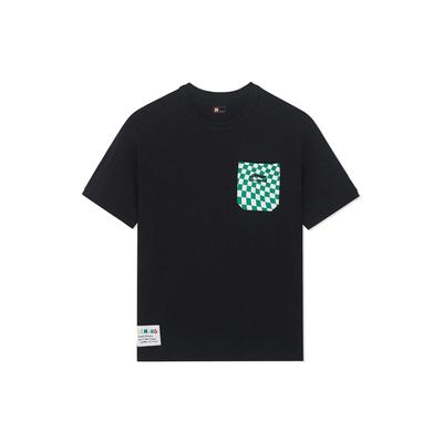 Футболка Li Ning X Rooovie Artist Collaboration с цветными блоками, клетчатым принтом на карманах, свободным кроем, круглым вырезом, короткими рукавами, унисекс, топы черного цвета AHSSB57-3