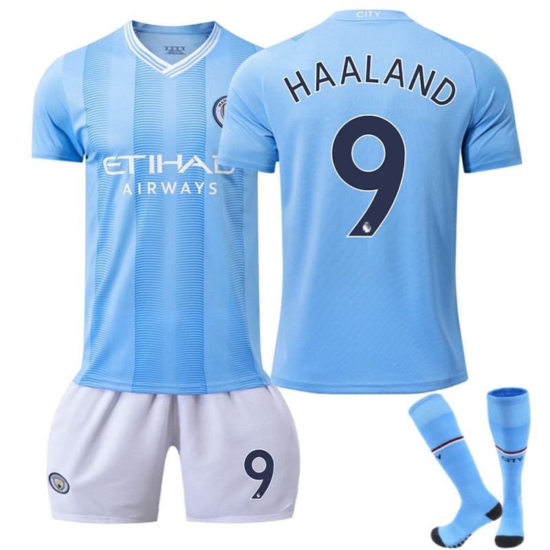 Manchester City 23/24 Home Football Jersey 17 De Bruyne 9 Haaland 10 Grealish Blue Match Edition with Socks