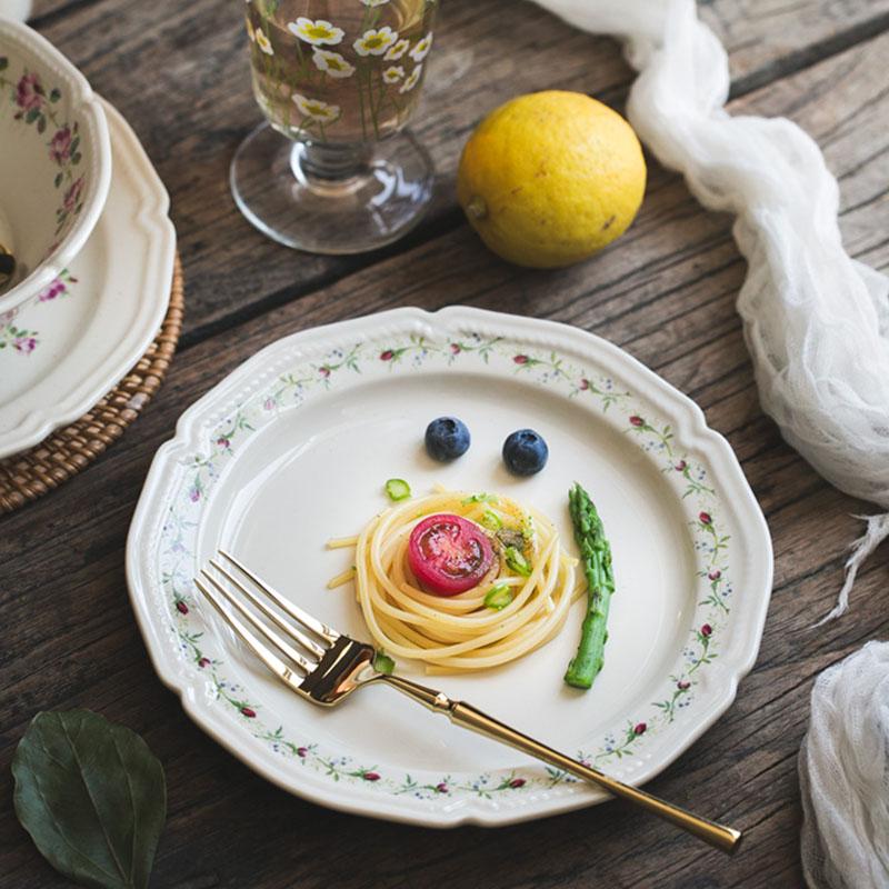 Тарелка с французским тиснением и цветком ротанга, керамическая тарелка с фруктами, тарелка в стиле ретро, посуда