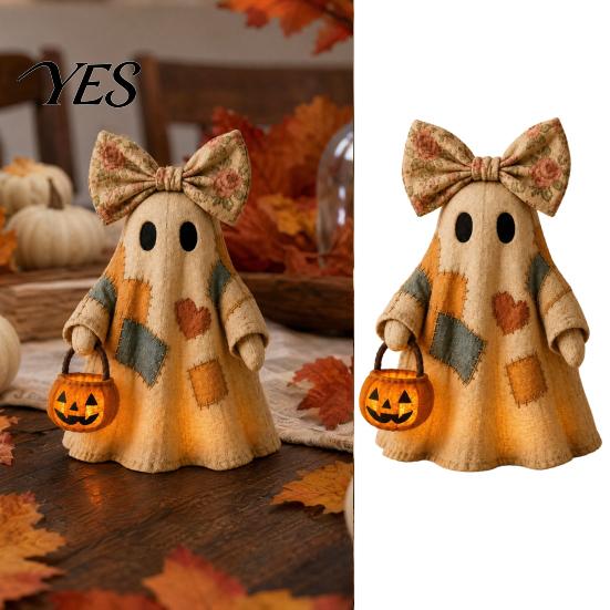 Cottage Style Halloween Ornament Lighted Vintage Patchwork Ghost, LED Light Ghost with Pumpkin Lantern Decor, Rustic Fall Decorations Ghosts