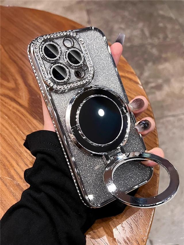 For iPhone 16 Pro Max Luxury Plating Flash Mirror Holder Stand Diamond Frame For iPhone 11 12 13 14 15Plus Lens Protective Cover
