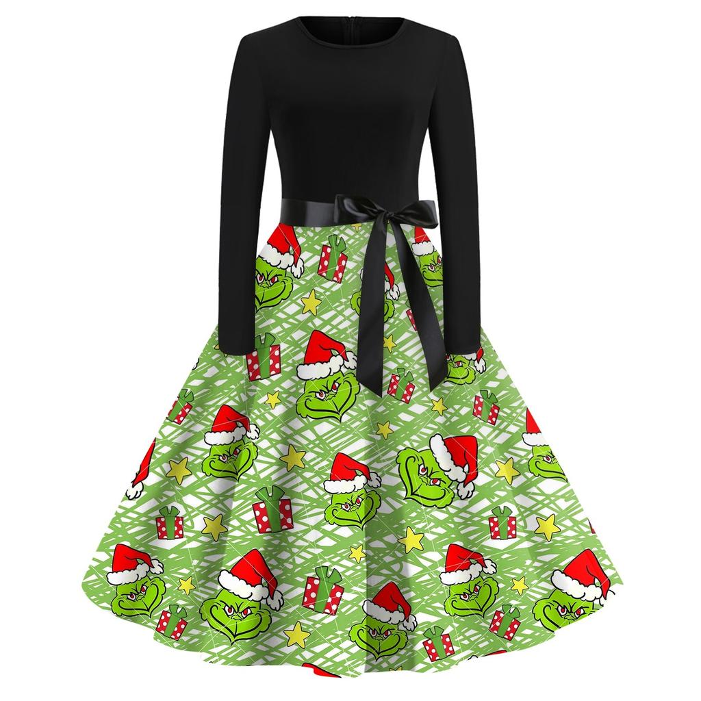 Женское повседневное рождественское платье с круглым вырезом и широкими рукавами, облегающее платье