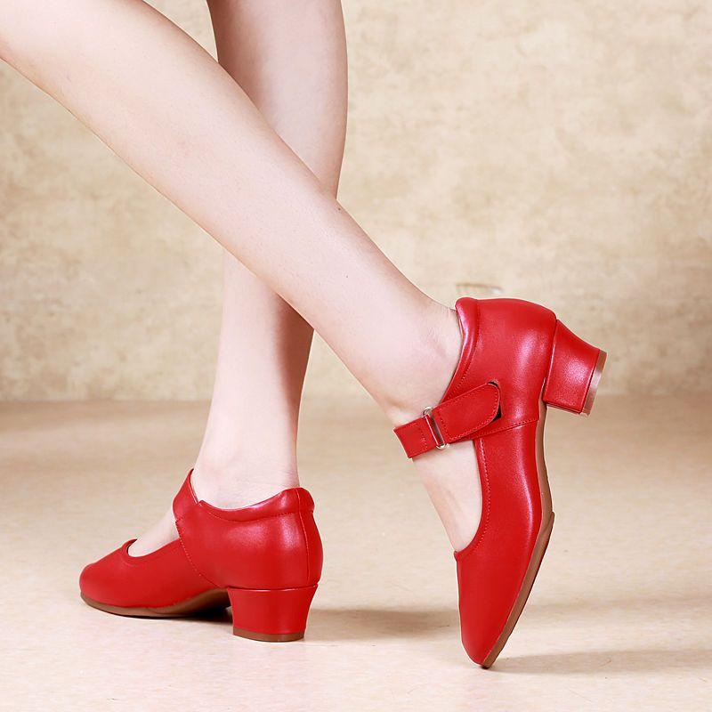 Кожаные туфли на среднем каблуке с мягкой подошвой красные для социальных танцев для среднего и пожилого возраста, нескользящие, на высоком каблуке, танцевальные женские туфли