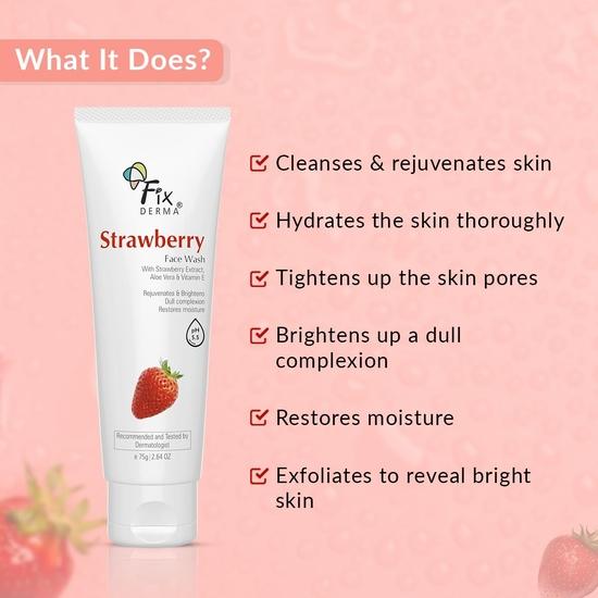 Fixderma Strawberry Face Wash с витамином Е и экстрактом клубники, | Очищающее средство для жирной кожи (Для всех типов кожи) | Средство для умывания для женщин и мужчин - 75 г