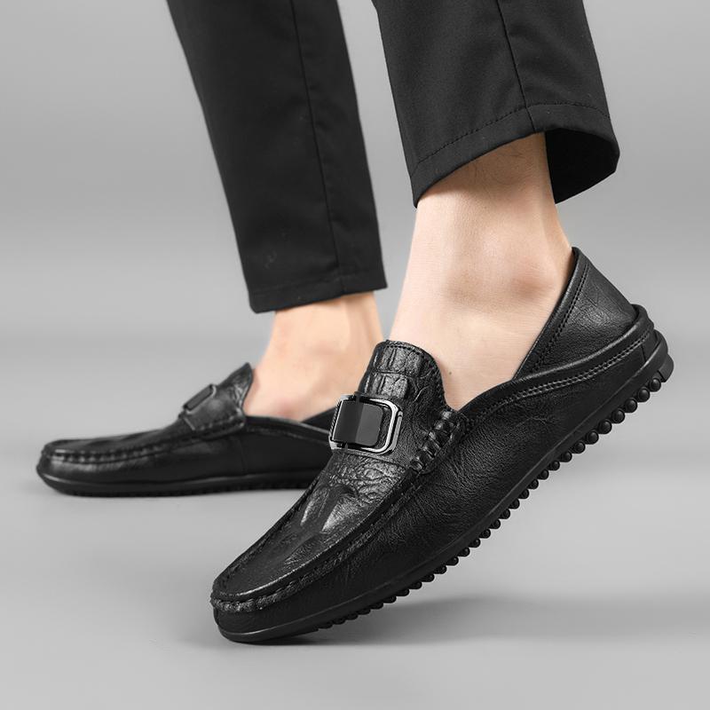 Brand Men Autumn Two-layer Leather Bean Shoes, Outdoor Breathable Spring Men Comfortable Soft Soled Slip On Casual Shoes