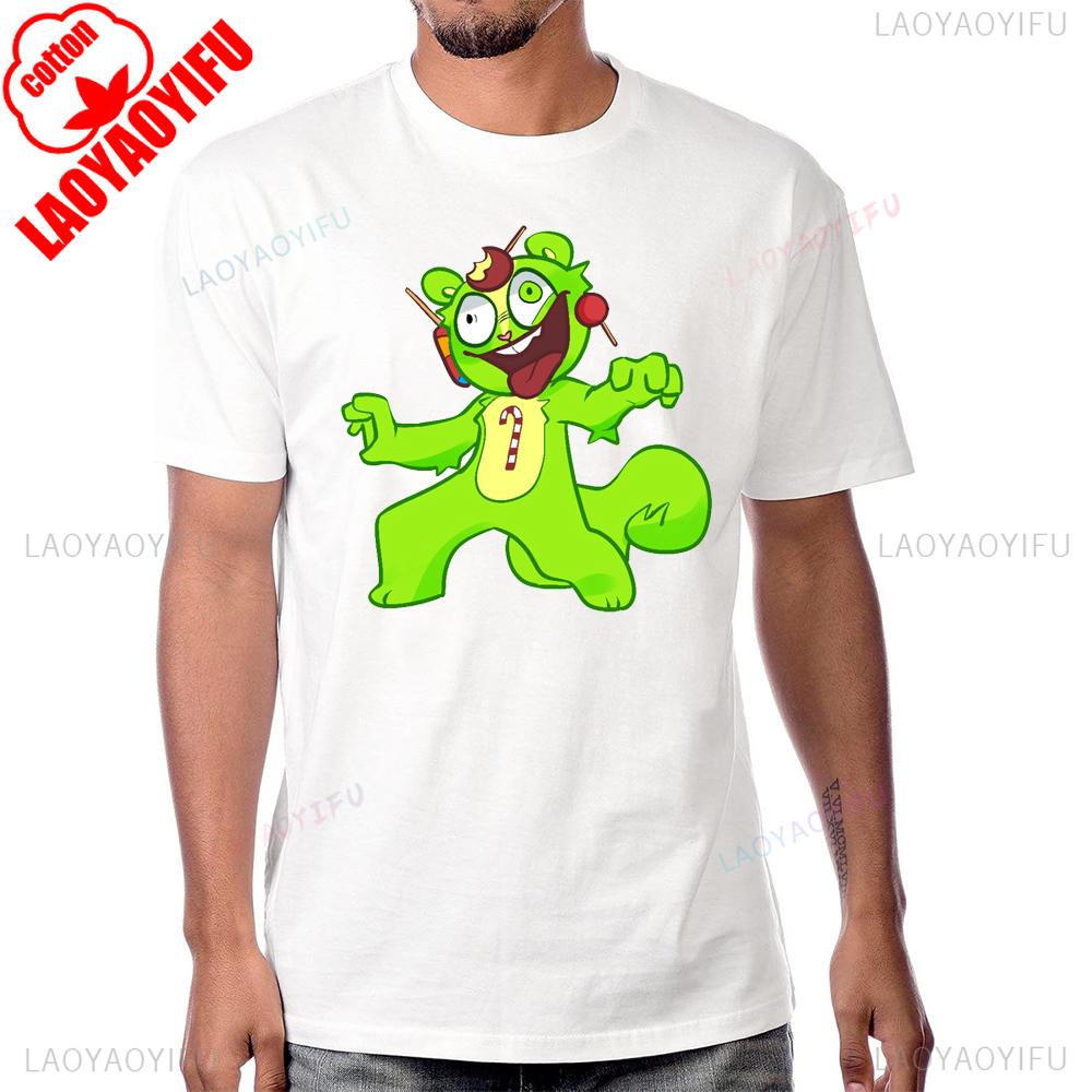 Сумасшедшая Футболка с Принтом Мультфильма Happy Tree Friends Винтажный Аниме Стиль Летняя Мужская Футболка Хлопок Харадзюку Женские Футболки