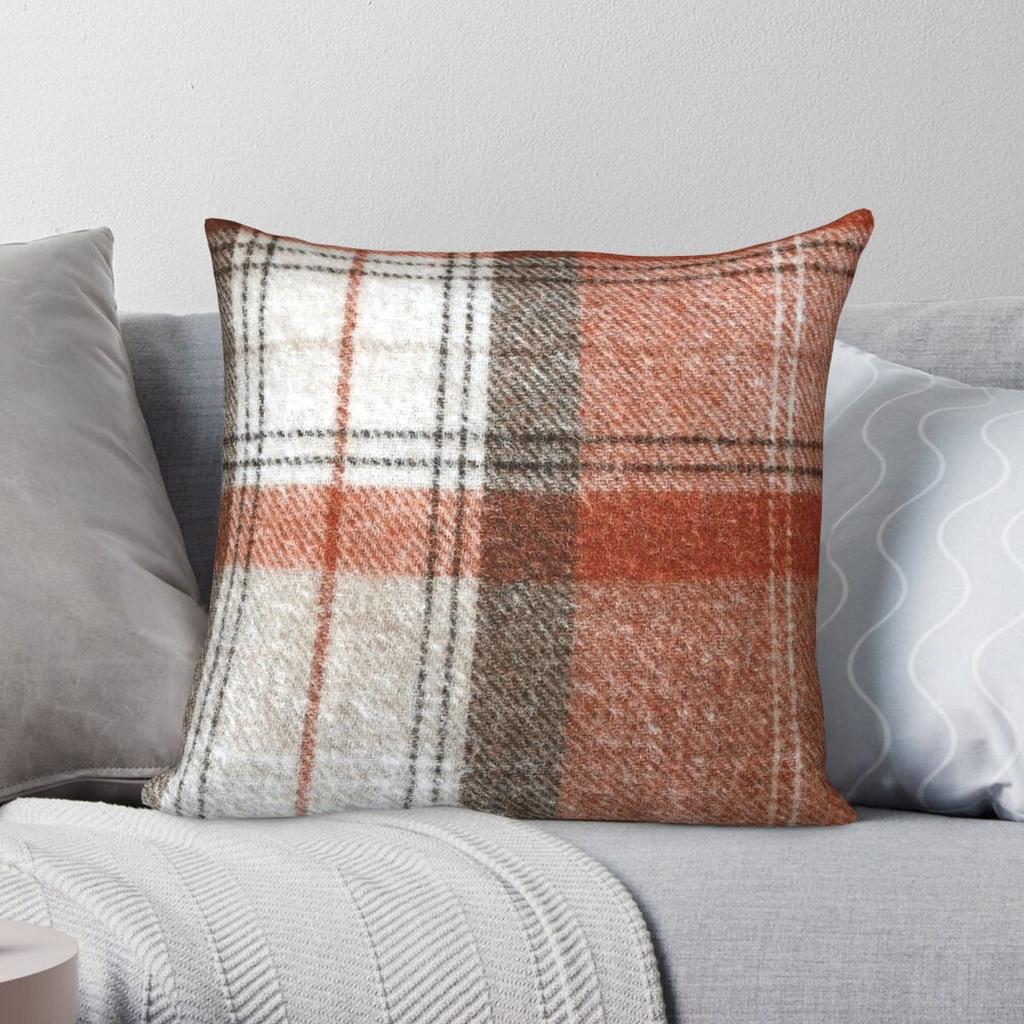Terracotta Red Tartan Square Pillowcase Polyester Linen Velvet Printed Zip Decor Pillow Case Home Cushion Cover