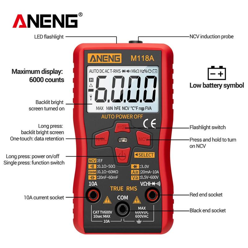 ANENG M118A Digital Mini Multimeter Tester Auto Mmultimetro True Rms Tranistor Meter with NCV Data Hold 6000counts Flashlight