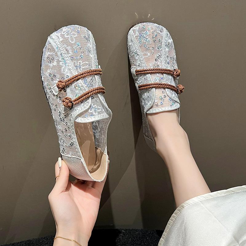 Womens Shoes Retro National Wind Gauze Disc Buckle Mother Shoes Women Spring/summer New Flat Lazy Comfortable Bean Shoes