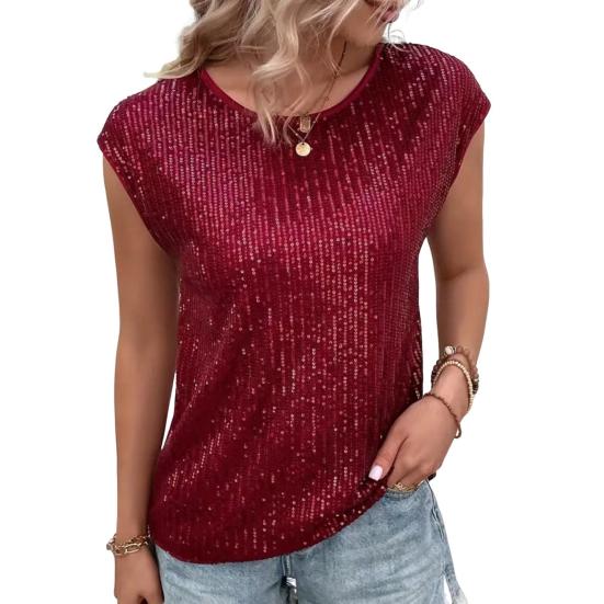 Женская футболка с круглым вырезом без рукавов свободного кроя футболка с блестящими пайетками повседневные футболки стандартного кроя топ повседневная одежда
