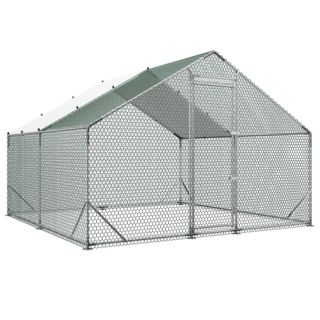 Large Metal Chicken Coop, 3 x 3 x 2 m, Walk-in Chicken Run House with Waterproof Cover and Sturdy Frame, Spire Roof Poultry Cage Duck Pen for Rabbit