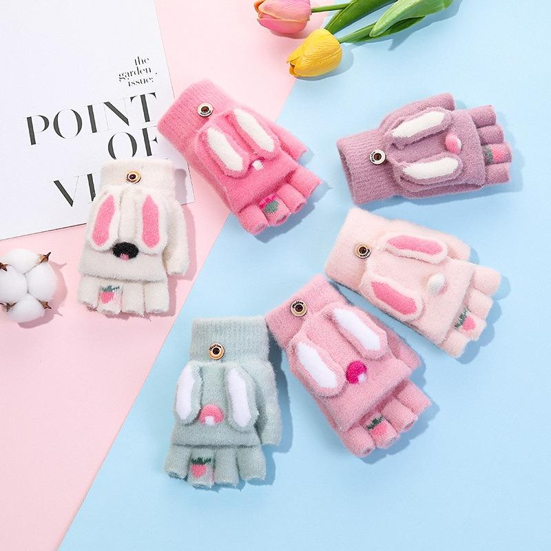 Winter Children's Knitted Finger Gloves for Boys and Girls, Warm and Piled Thickened Cartoon Half-finger Flip-top Writing Gloves