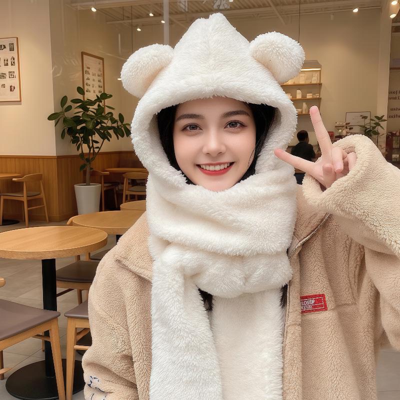 Женская теплая шапка с мишкой: Комплект пуловер, шарф и маска для велоспорта и защиты от холодной погоды