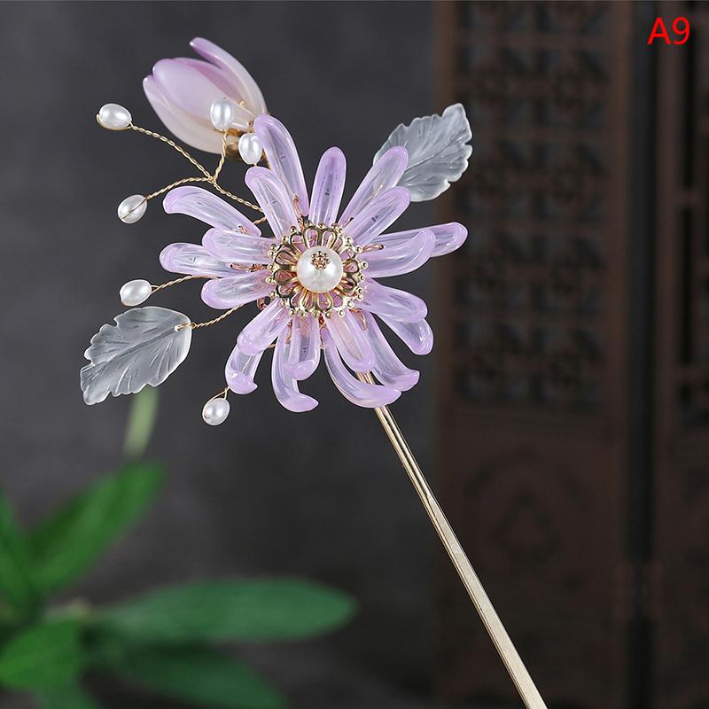 Retro Traditional Flowers Simulated Pearls Long Tassel Hairpins Hair Sti