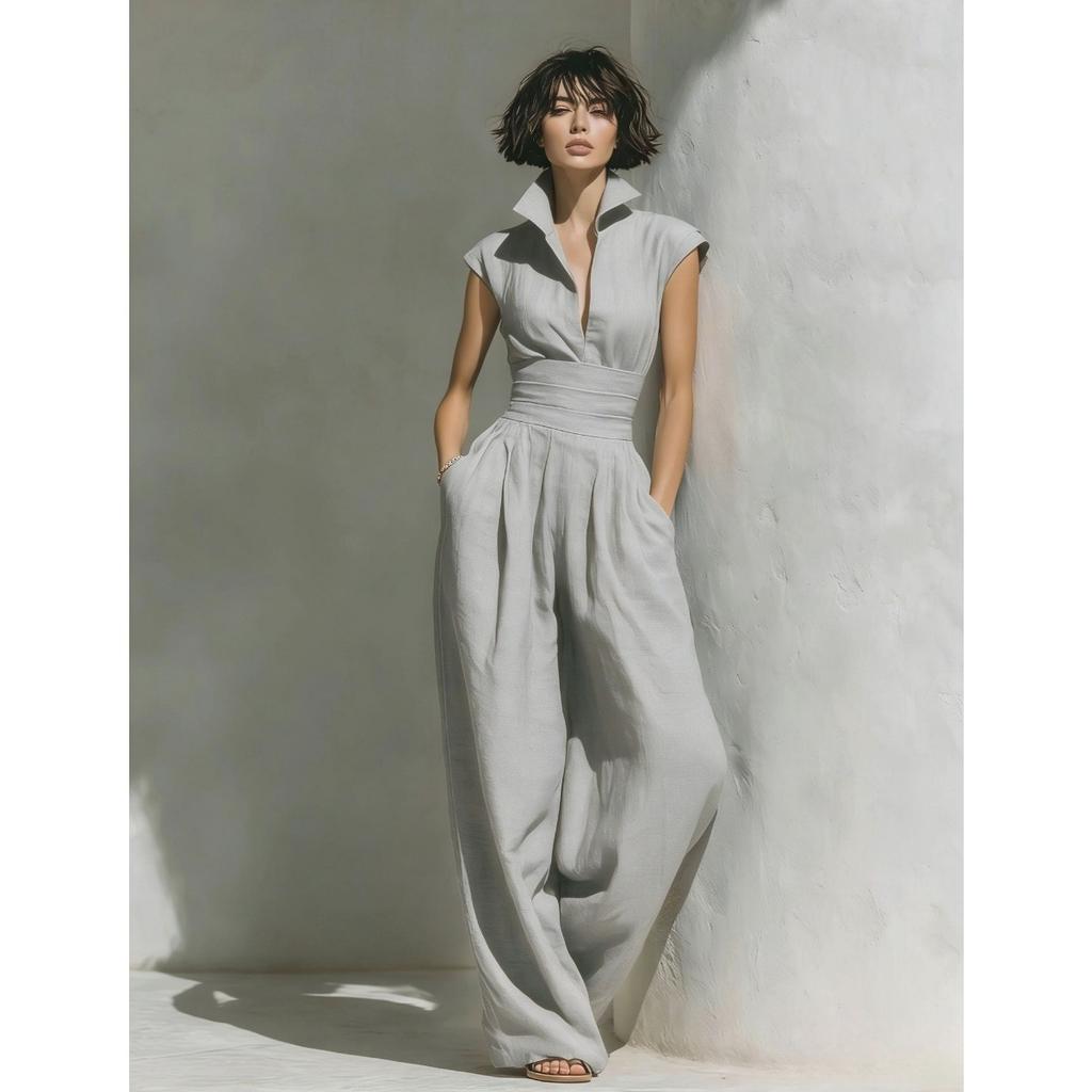 New Women's Solid Color V-neck Sleeveless Waisted Long Dress, Popular for Cross-border Independent Stations & Amazon