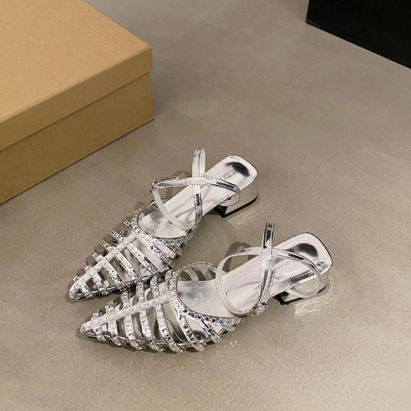 Босоножки на высоком каблуке для женщин 2024 Лето Новые модные остроносые высокие каблуки для женщин Элегантные босоножки со стразами для женщин