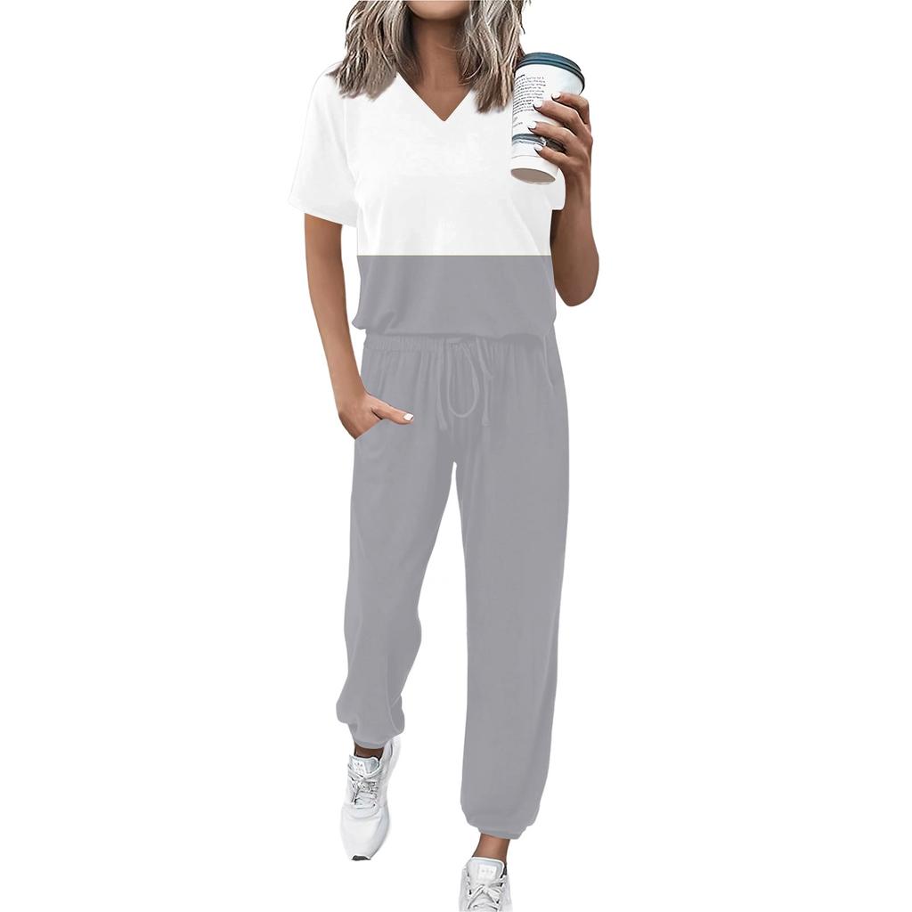 Женский спортивный костюм с V-образным вырезом и коротким рукавом, свободные брюки