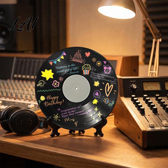 Customizable Record Wall Art Vinyl DIY Graffiti Clock Ornament Reusable Blank Acrylic Retro Tabletop Commemorative Decor with Display Stand,