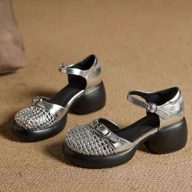 Французские ретро сандалии с полым носком, женские, лето 2025, новые, на толстом каблуке, на толстой подошве, с ремешком на подъеме, римские сандалии