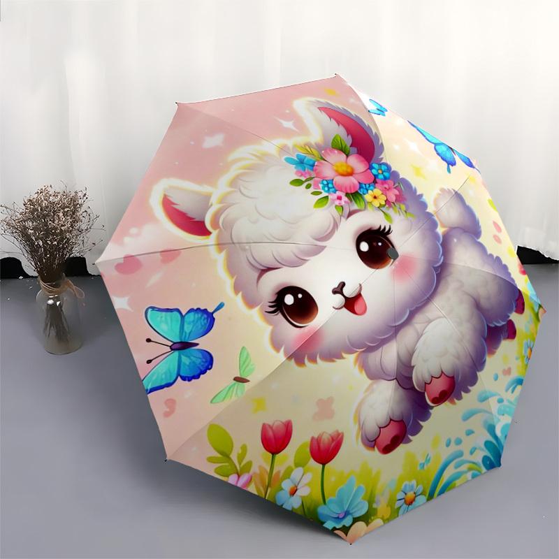 1pc Cute Alpaca with Flowers and Butterflies Umbrella with Plastic Handle,Suitable for All Seasons Home Travel Outdoor UmbrellaDD523