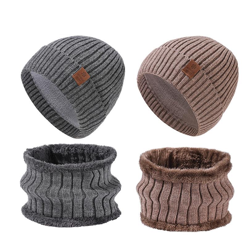 Winter Men's Knitted Hat Scarf Kit Stretch Warm Hat Two-Piece Set Thick Sleeve Cap Skullies Beanies