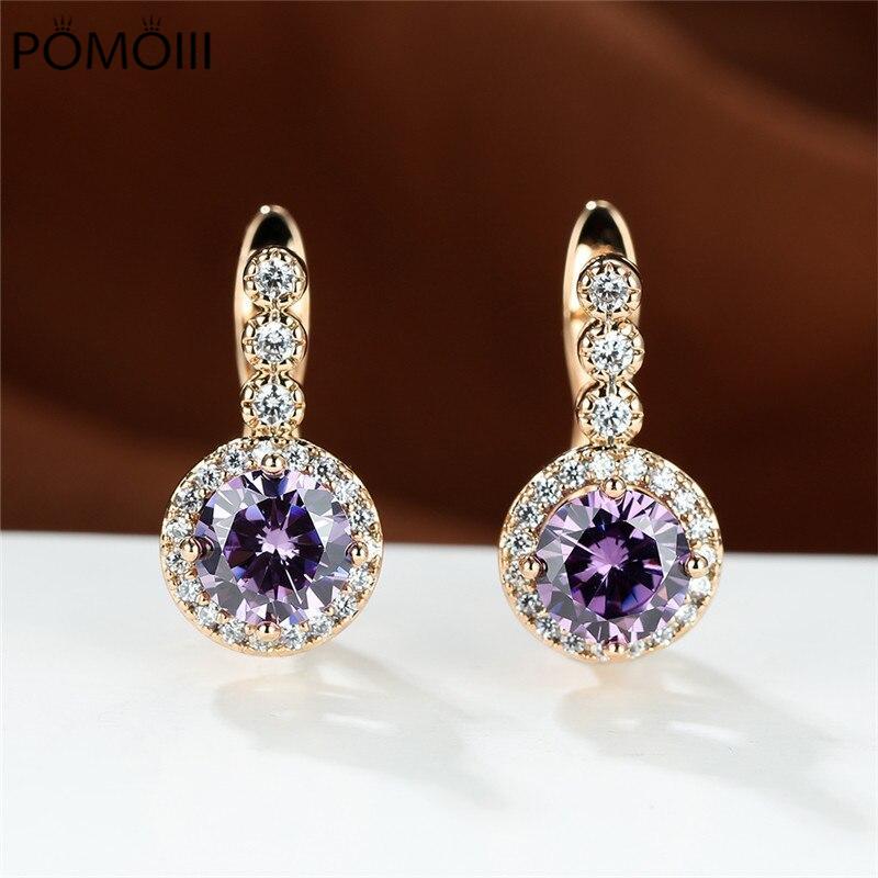 Милые фиолетовые серьги-кольца с кристаллами, розовое золото, маленькие серьги, аквамариновый циркон, круглые серьги из камня для женщин, свадебные украшения