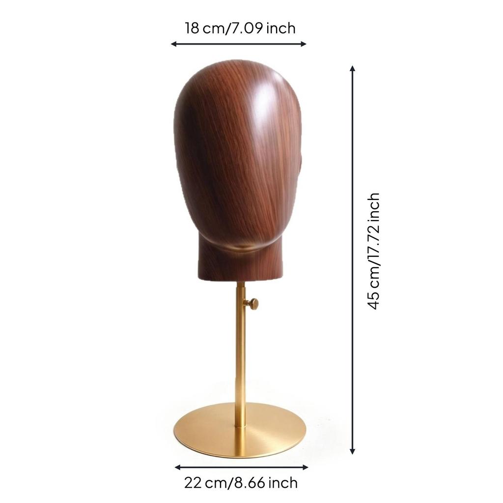 Head-Shaped Display Stand Adjustable Height Hairpiece Wood-Grain Finish