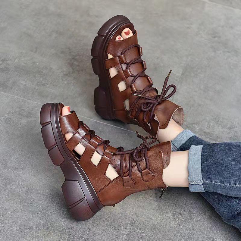 2024 New Summer Black Women Leather Sandals Cool Ankle Boots Platform Shoes Wedges Women's Sandals Fashion Outdoor Sandalias