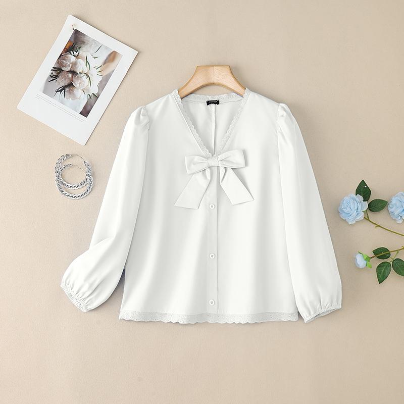 VONDA Women Puff Long Sleeve Lace Hem Bow Knot Casual Blouse Tops