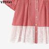 VONDA Women Short Sleeve Plaid Lace Crochet Ruffled Casual Blouse