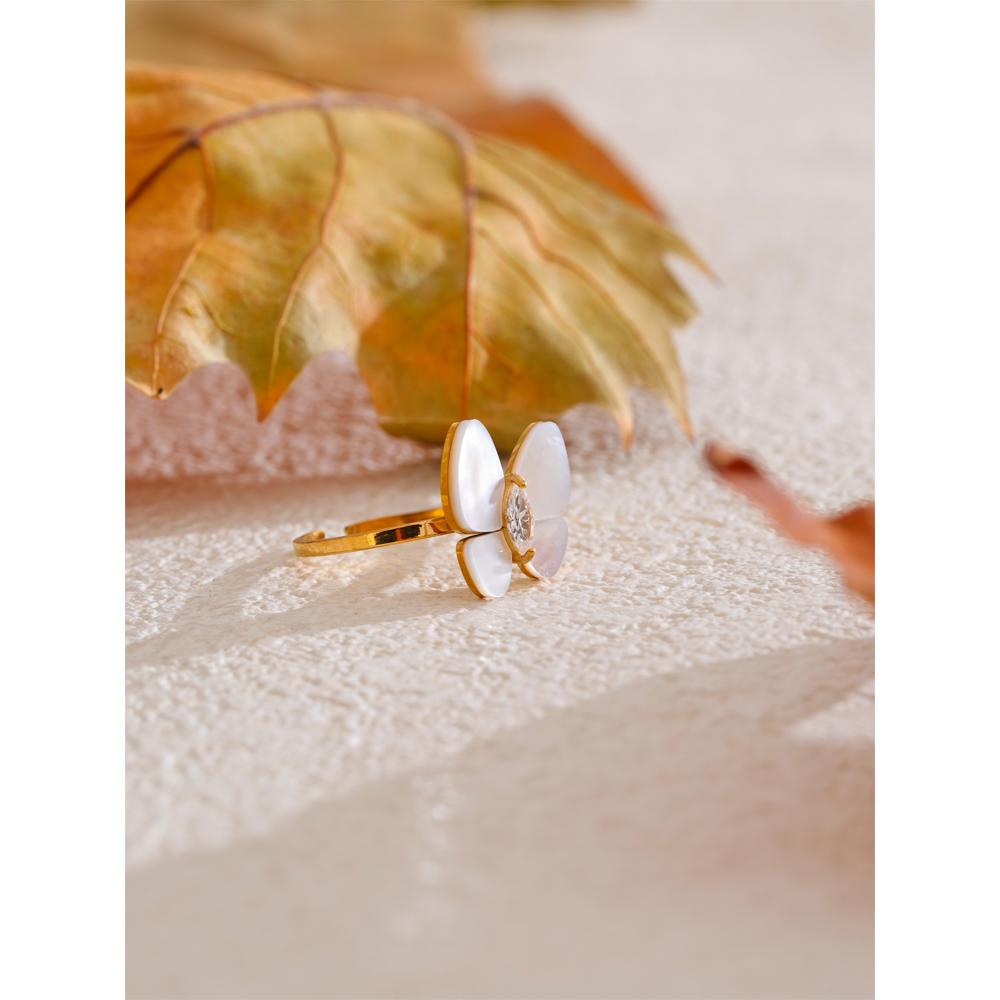 Eetit Кольцо-бабочка из нержавеющей стали 316L с натуральным цирконием в виде ракушки, регулируемое, высокое качество, изысканное, популярное, ювелирное изделие, подарок, покрытие PVD