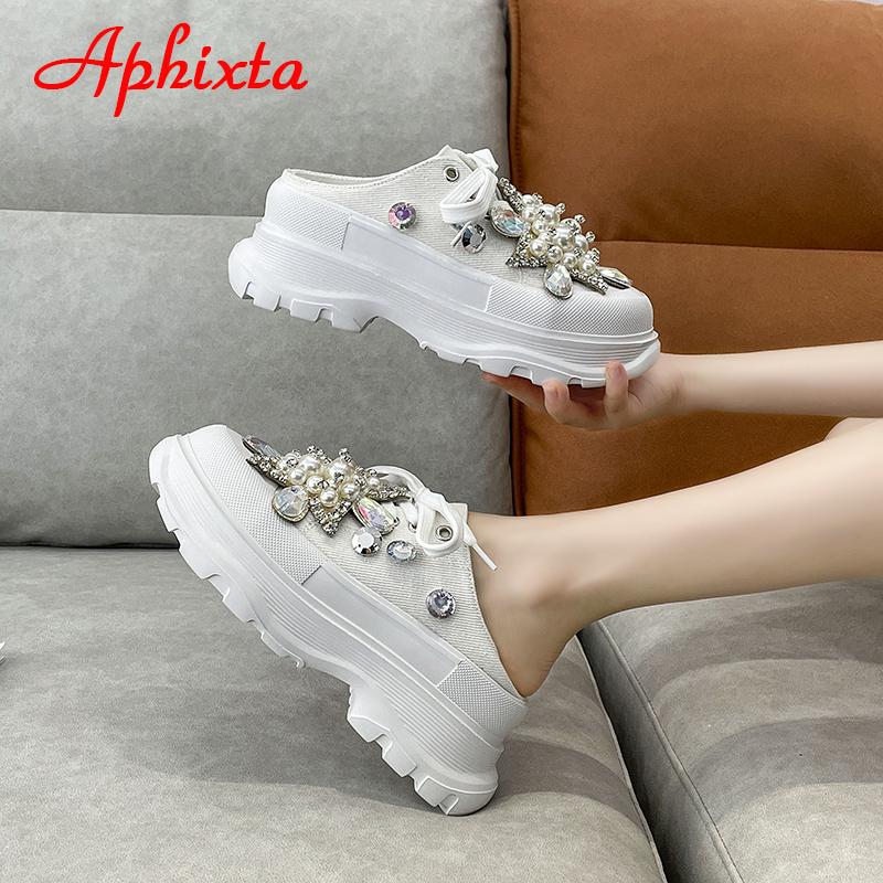 Aphixta Роскошные туфли на платформе с жемчугом, бриллиантами, цветами и стразами, женские туфли с кристаллами, женские туфли с клиновидной застежкой и бусинами