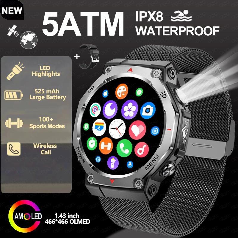 2026 Новый Фонарик-УФ Свет Умные Часы 5ATM Водонепроницаемые 1,43 Дюйма AMOLED Пульс 100 Спортивных Режимов Bluetooth Звонок Умные Часы
