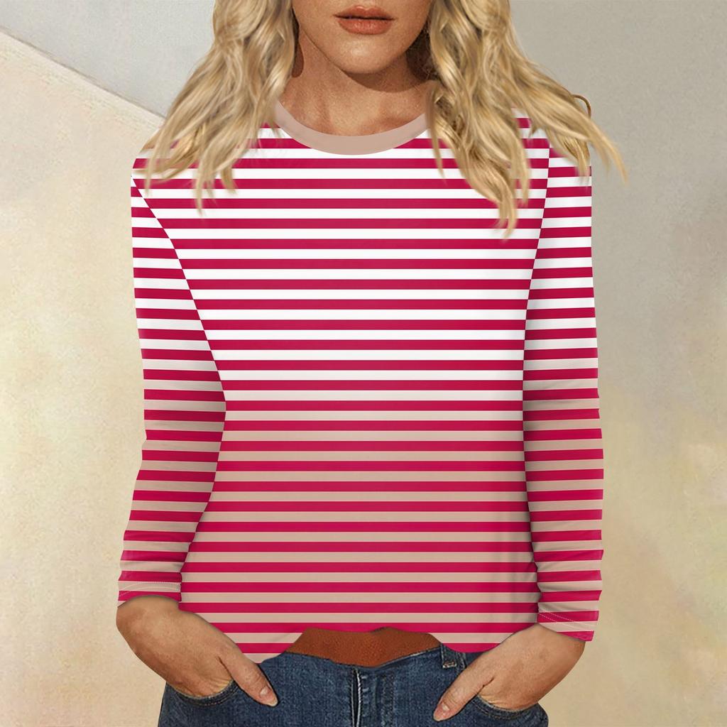 Женский повседневный топ с круглым вырезом и длинными рукавами в полоску с принтом