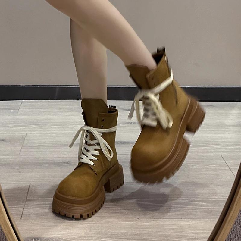 Модная женская обувь 2024 года, высококачественные женские ботинки со шнуровкой спереди, модные ботинки с круглым носком для офиса и карьеры, лидер продаж, ботинки до середины икры на молнии