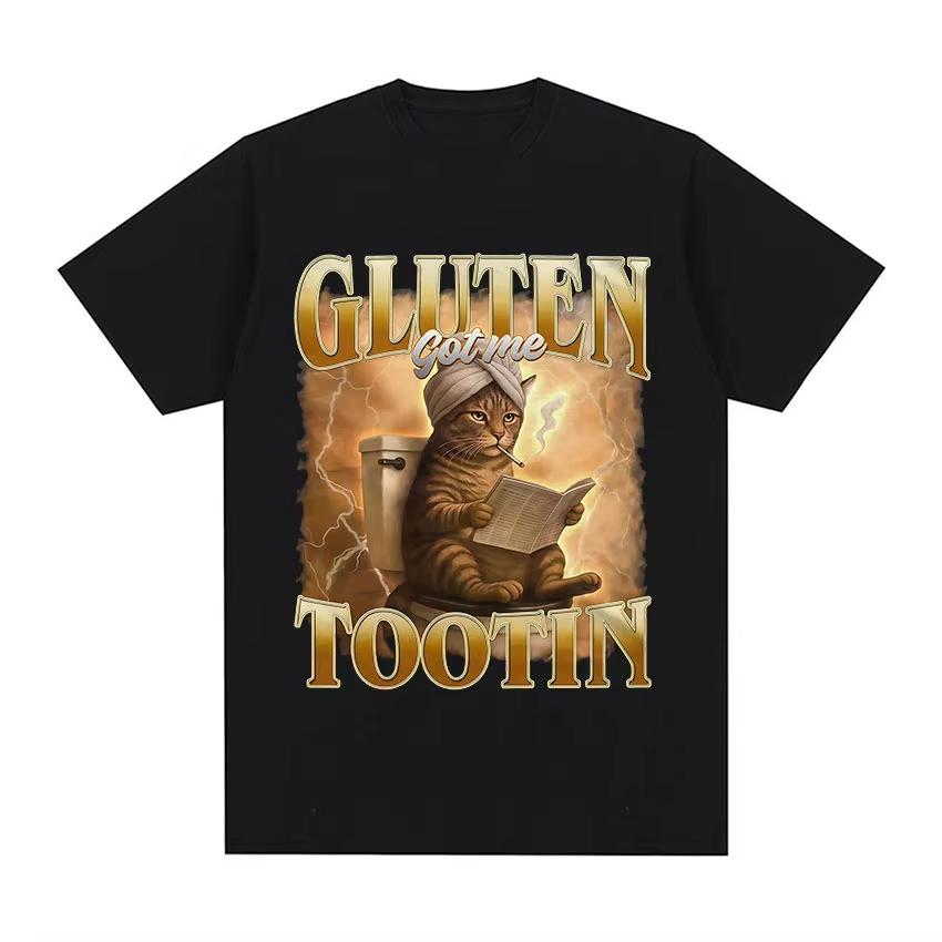 Funny Cat Shirt Gluten Got Me Tootin Meme TShirt Unisex Women Vintage Aesthetic Cotton T Shirts Fashion Oversized Clothing T Shirt