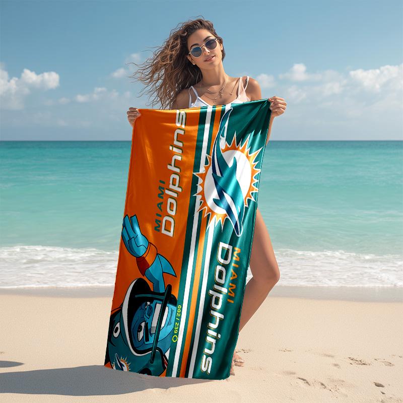 proof beach towel with Miami Dolphins logo pattern - soft,absorbent,quick-drying,machine washable - perfect for swimming,camping,bathing