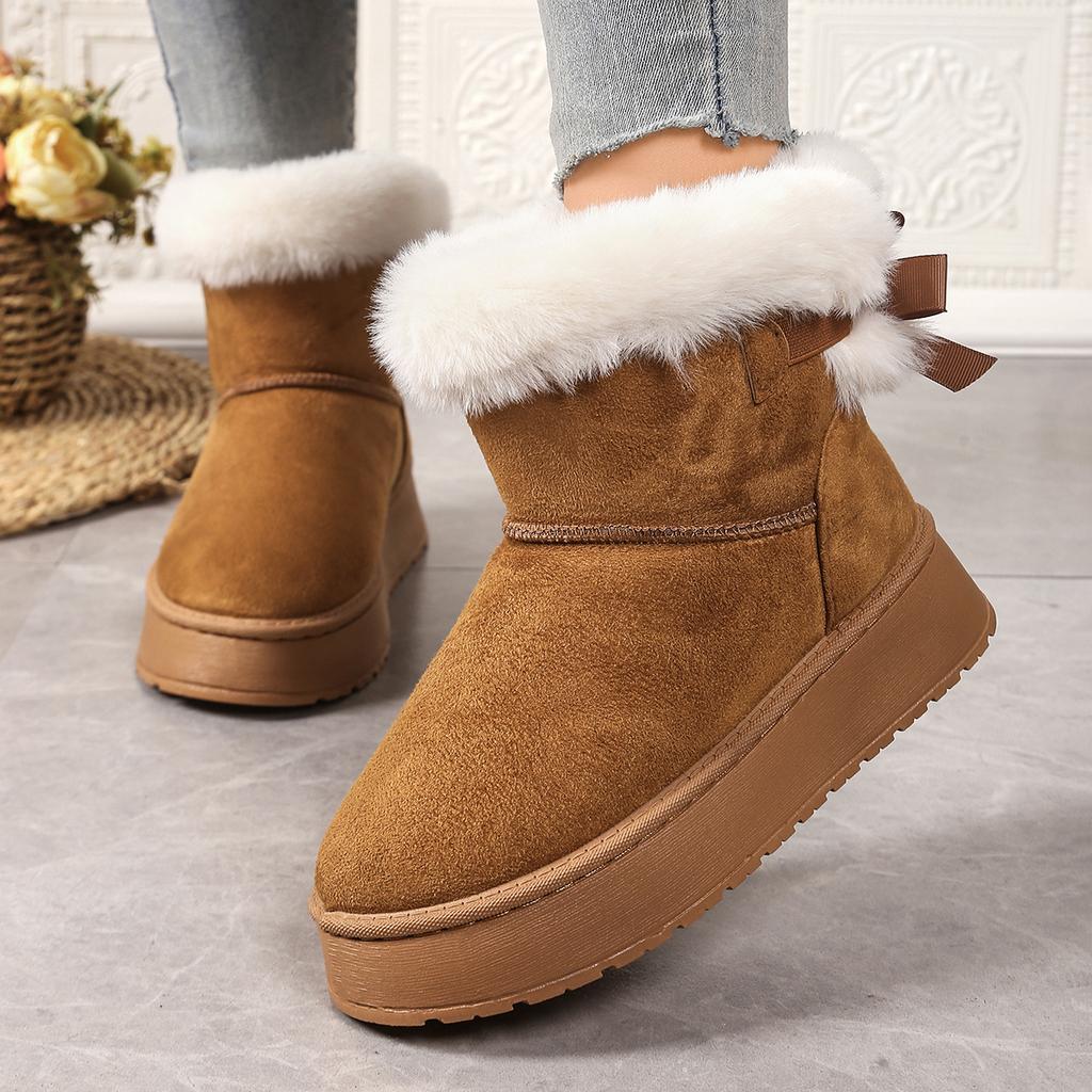 Fashion Women Boots Winter New Bow Plus Cotton Boots Casual All-match Thick Soled Mid-tube Snow Boots Fashion Retro Outdoor Women Shoes
