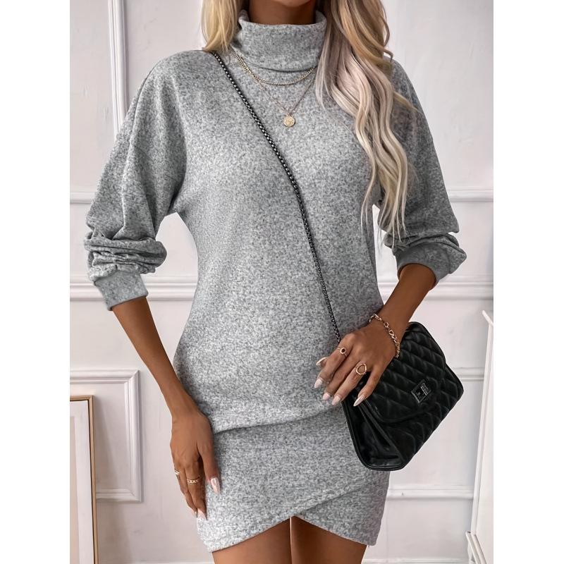 2024 Осень/Зима Однотонное Платье с Высоким Воротником Облегающего Кроя с Длинным Рукавом Необычного Покроя