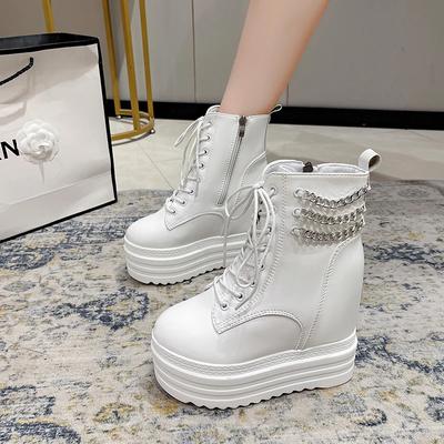 Мода 12 см Новые женские ботильоны Кожаная толстая подошва Мотоциклетные ботинки Женские Осенние Весенние Цепь Высокая платформа Обувь Женщина Большой размер 42