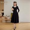 Bailuyu Elegant Retro Round Neck Contrast Beaded Long Sleeve Black Midi Dress