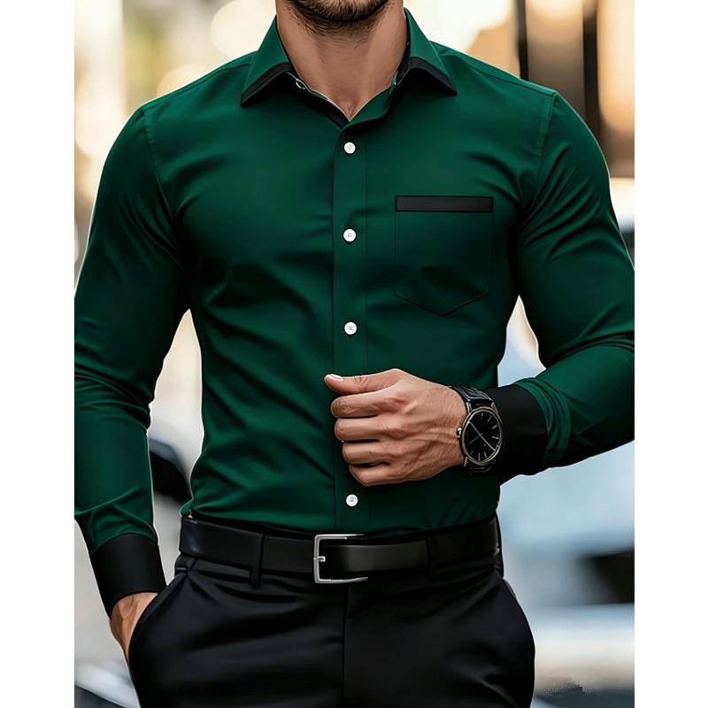 Мужская рубашка business casual с контрастным воротником, эластичная, облегающая, с длинным рукавом, не мнущаяся