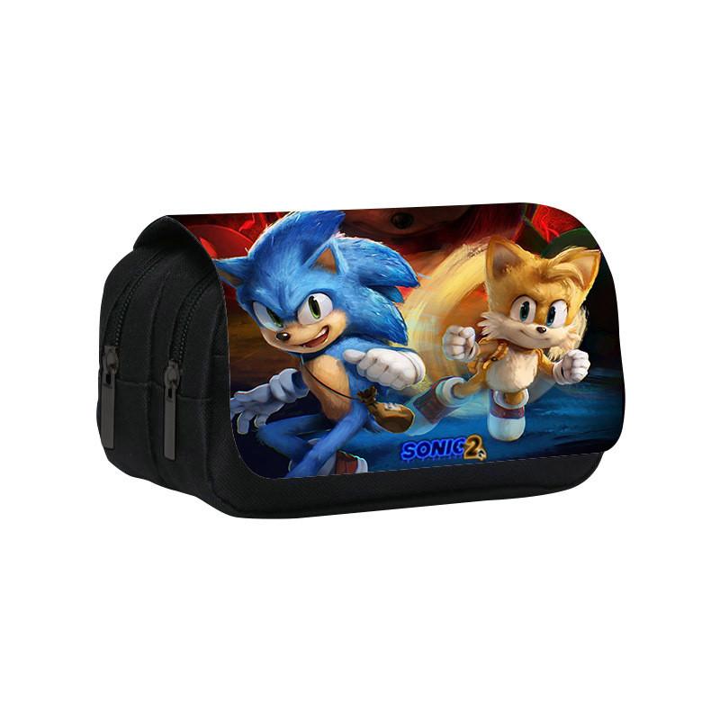 Sonic Cartoon Pattern Double Layer Flip Cover Student Stationery Storage Pencil Bag For School And Work